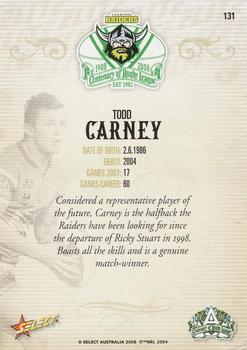 2008 NRL Centenary - Promotional Cards #131 Todd Carney Back